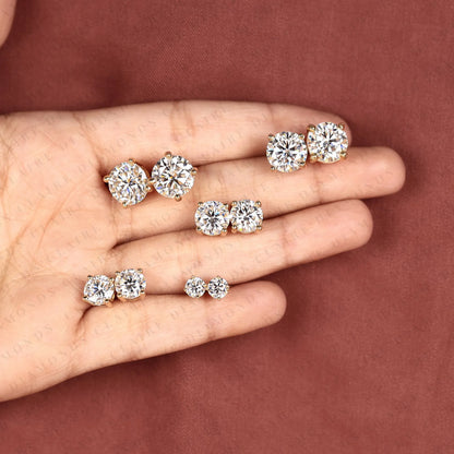 Round Cut Lab Grown Diamond Stud Earrings, Classic Four Prong Gold Earrings, Minimalist Diamond Studs, Elegant Bridal Jewelry