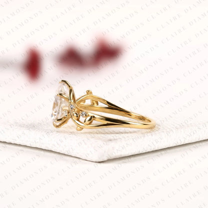 Pear Cut Lab Grown Diamond Engagement Ring, Nature Inspired Vine Band, Yellow Gold Floral Bridal Ring, Unique Wedding Ring for Women