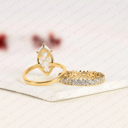 Marquise Cut Moissanite Diamond Engagement Ring Set with Eternity Wedding Band in 14K Yellow Gold