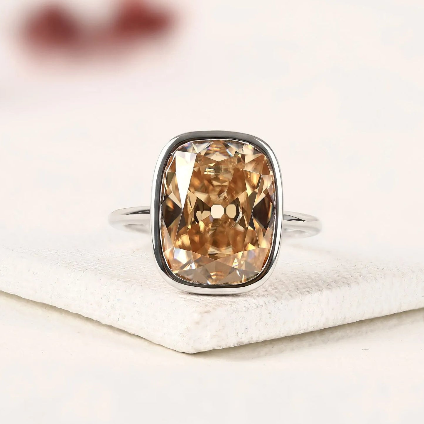 old mine elongated brown cushion cut bezel set lab grown diamonds engagement ring – modern elegance with warm radiance