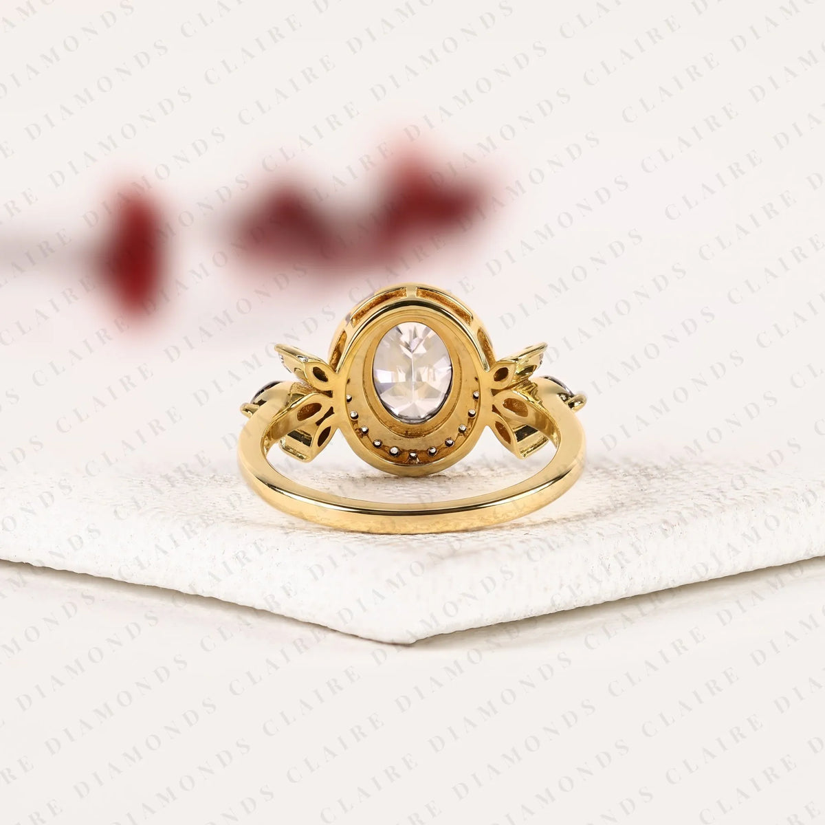 oval cut lab grown diamond halo engagement ring | floral leaf halo bridal ring | yellow gold nature inspired diamond ring | unique luxury engagement jewelry