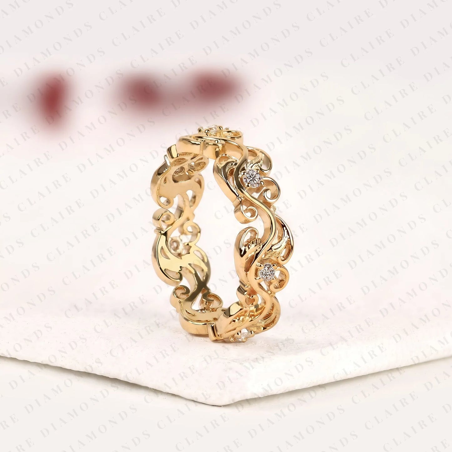 0.26 tcw nature inspired round cut lab grown diamond eternity band, floral scroll diamond wedding ring, yellow gold botanical anniversary ring