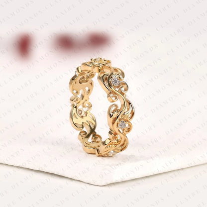 0.26 TCW Nature Inspired Round Cut Lab Grown Diamond Eternity Band, Floral Scroll Diamond Wedding Ring, Yellow Gold Botanical Anniversary Ring