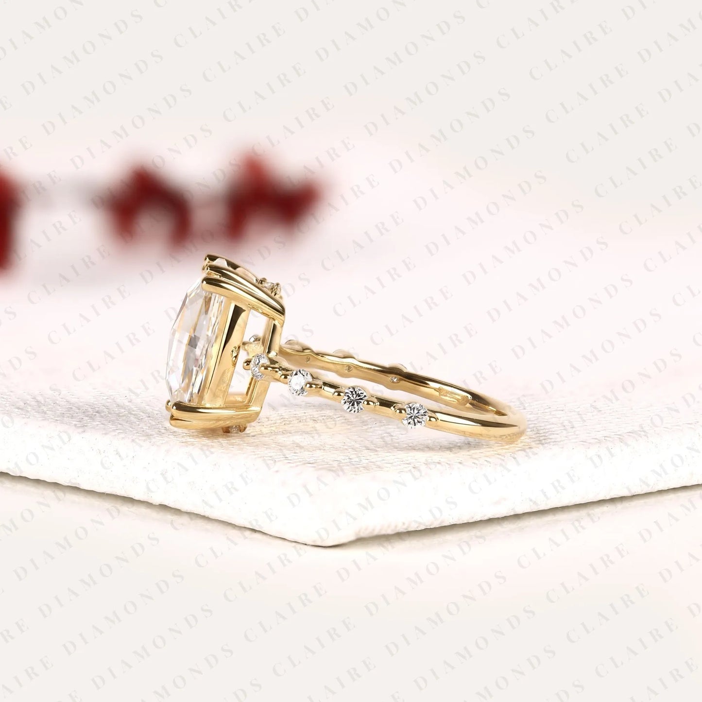 cushion rose cut lab grown diamond engagement ring | yellow gold beaded vine band with four-prong setting
