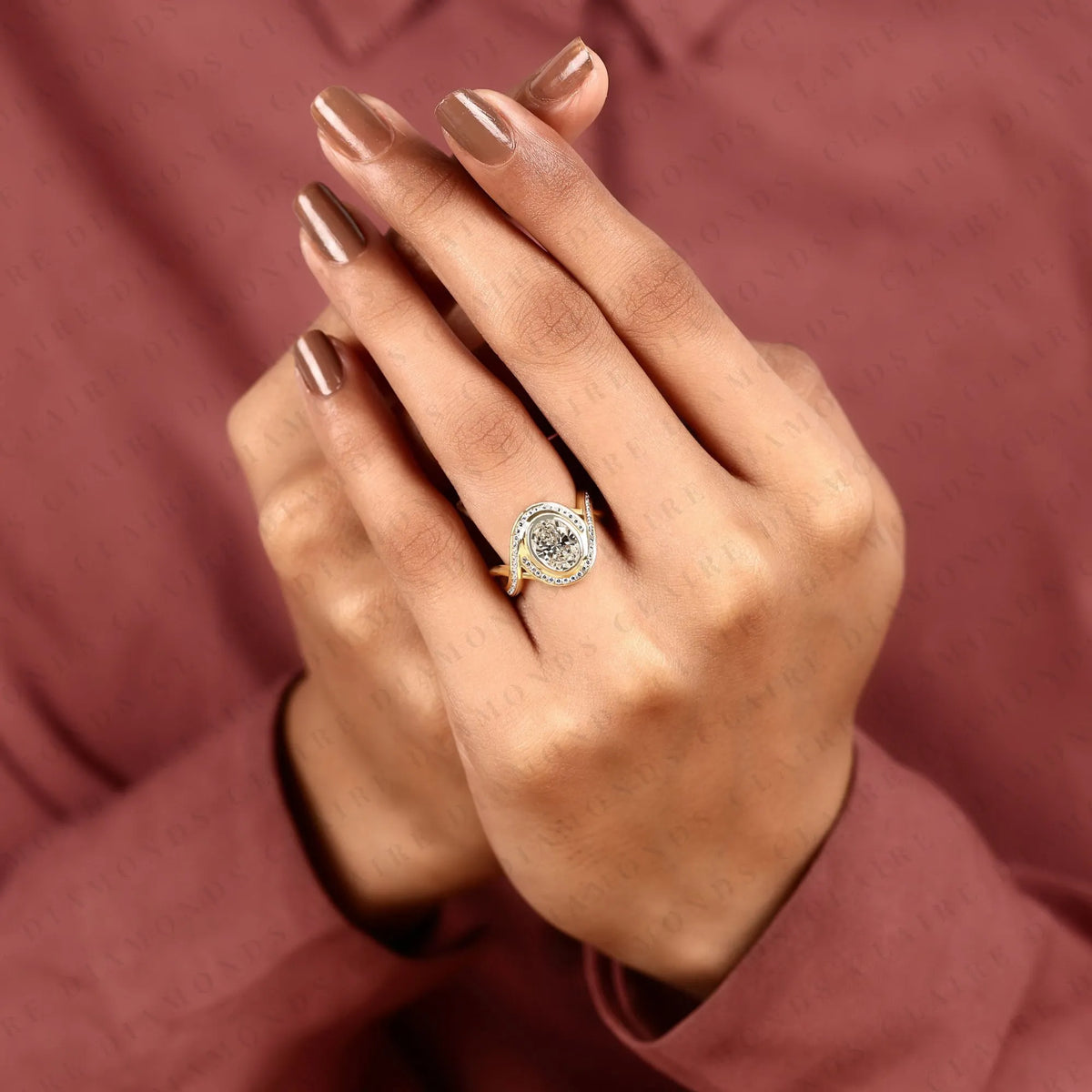 oval cut lab grown diamond engagement ring | pavé bezel halo yellow gold bypass ring | twisted split shank bridal jewelry | modern statement ring