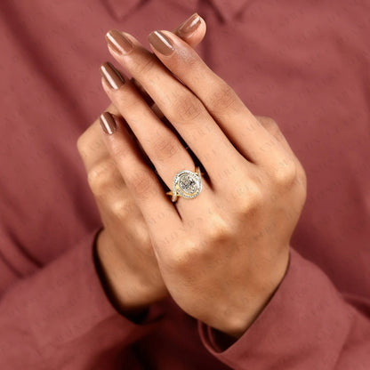 Oval Cut Lab Grown Diamond Engagement Ring | Pavé Bezel Halo Yellow Gold Bypass Ring | Twisted Split Shank Bridal Jewelry | Modern Statement Ring