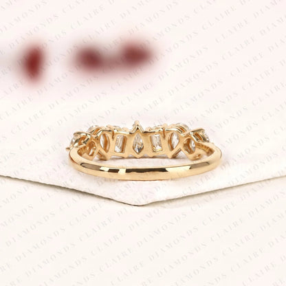 1.45 TCW Round, Emerald & Pear Cut Lab Grown Diamond Half Eternity Wedding Band | Mixed Shape Diamond Statement Ring | Modern Yellow Gold Bridal Jewelry