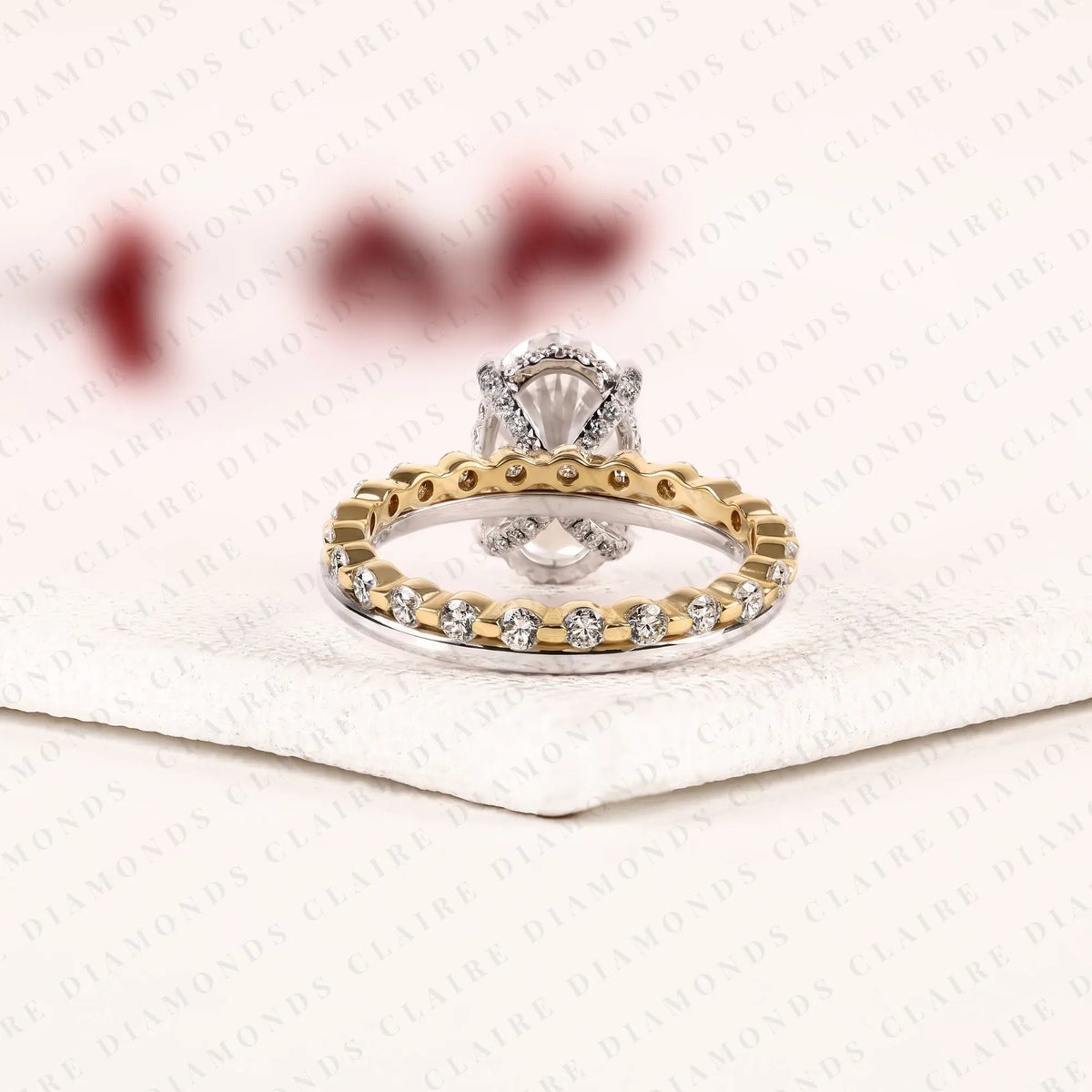 oval cut lab grown diamond engagement ring set | yellow gold pavé wedding band | two-tone bridal ring set