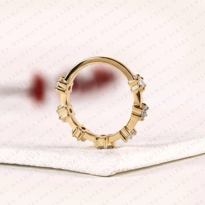 0.61 TCW Octagon Cut Moissanite Ring with Round Accent Stones in Solid Gold | Modern Open Band for Women