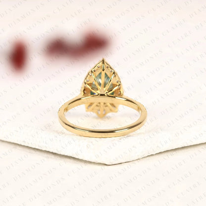 Blue Pear Cut Moissanite Diamond Halo Engagement Ring Vintage Inspired Pave Bridal Ring Unique Anniversary Ring for Women