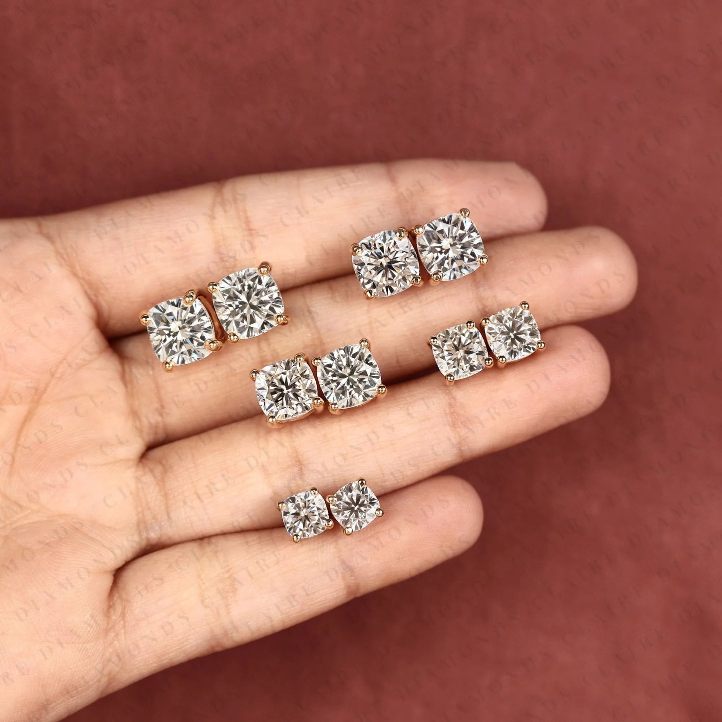cushion cut moissanite diamond stud earrings, double stone gold earrings, minimalist bezel set diamond studs, modern bridal jewelry