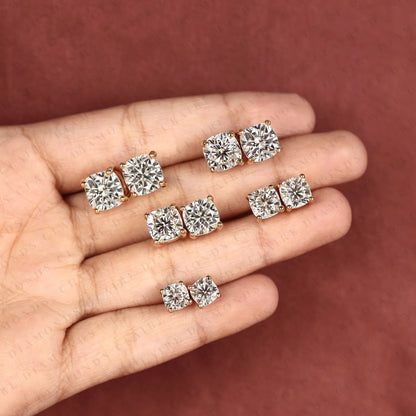Cushion Cut Moissanite Diamond Stud Earrings, Double Stone Gold Earrings, Minimalist Bezel Set Diamond Studs, Modern Bridal Jewelry