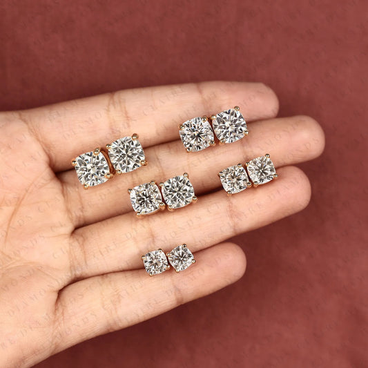 Cushion Cut Moissanite Diamond Stud Earrings, Double Stone Gold Earrings, Minimalist Bezel Set Diamond Studs, Modern Bridal Jewelry