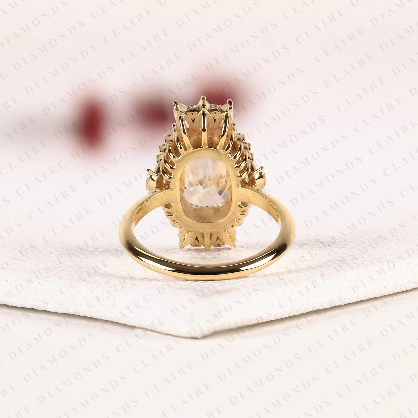 elongated cushion cut lab grown diamond halo engagement ring, yellow gold floral halo bridal ring, unique diamond ring