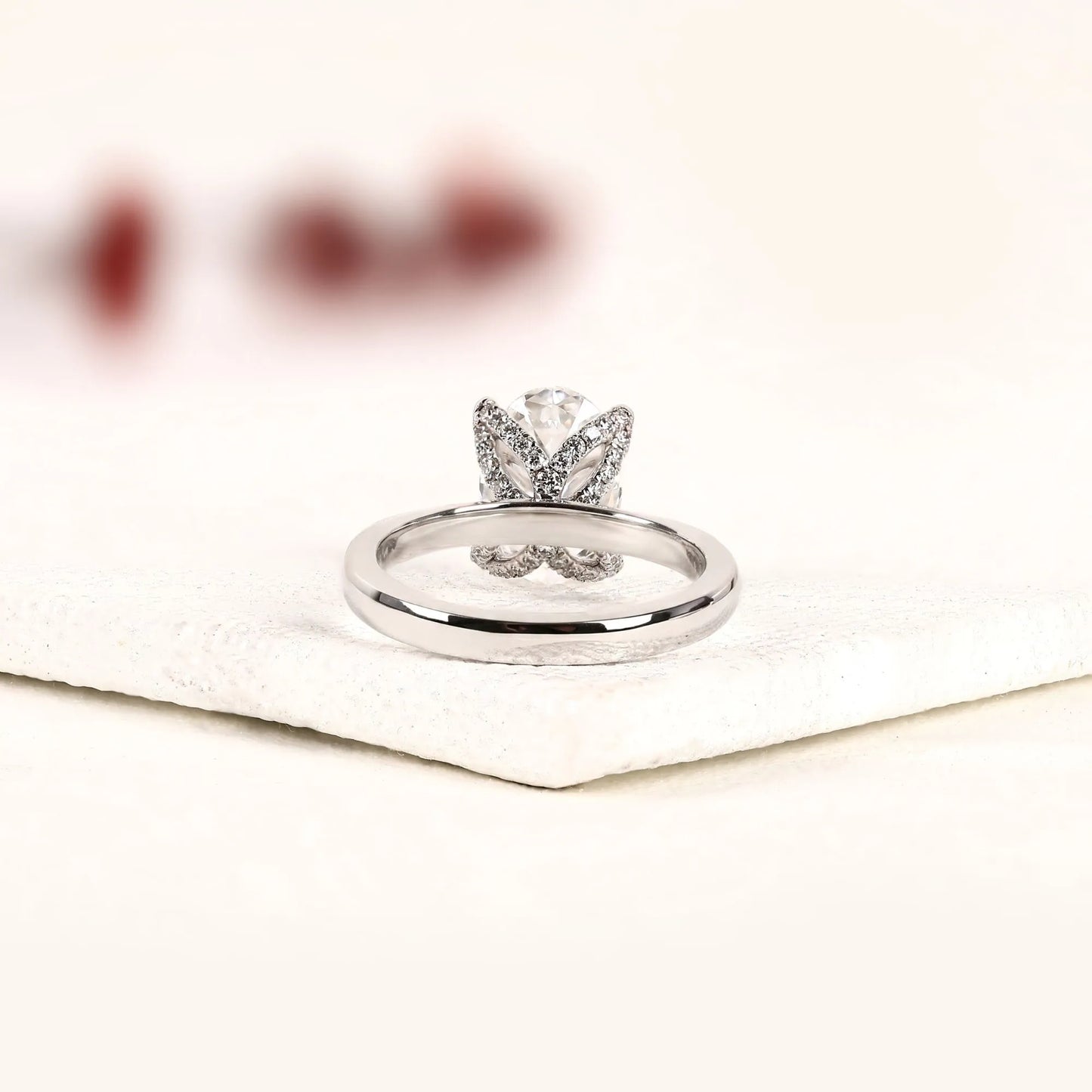 oval cut lab grown diamond solitaire engagement ring, four prong hidden tulip setting, minimalist white gold proposal ring