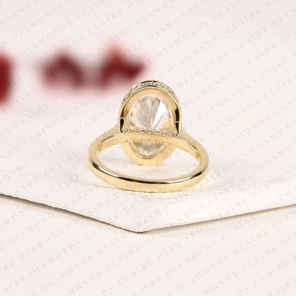 Oval Lab Grown Diamond Bezel Set Engagement Ring, Solitaire Gold Wedding Ring, Hidden Halo Ring, Minimalist Anniversary Ring