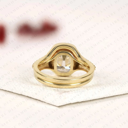 Elongated Cushion Cut Lab Grown Diamond Engagement Ring Old Mine Cut Bezel Set Bridal Ring Wedding Set for Women