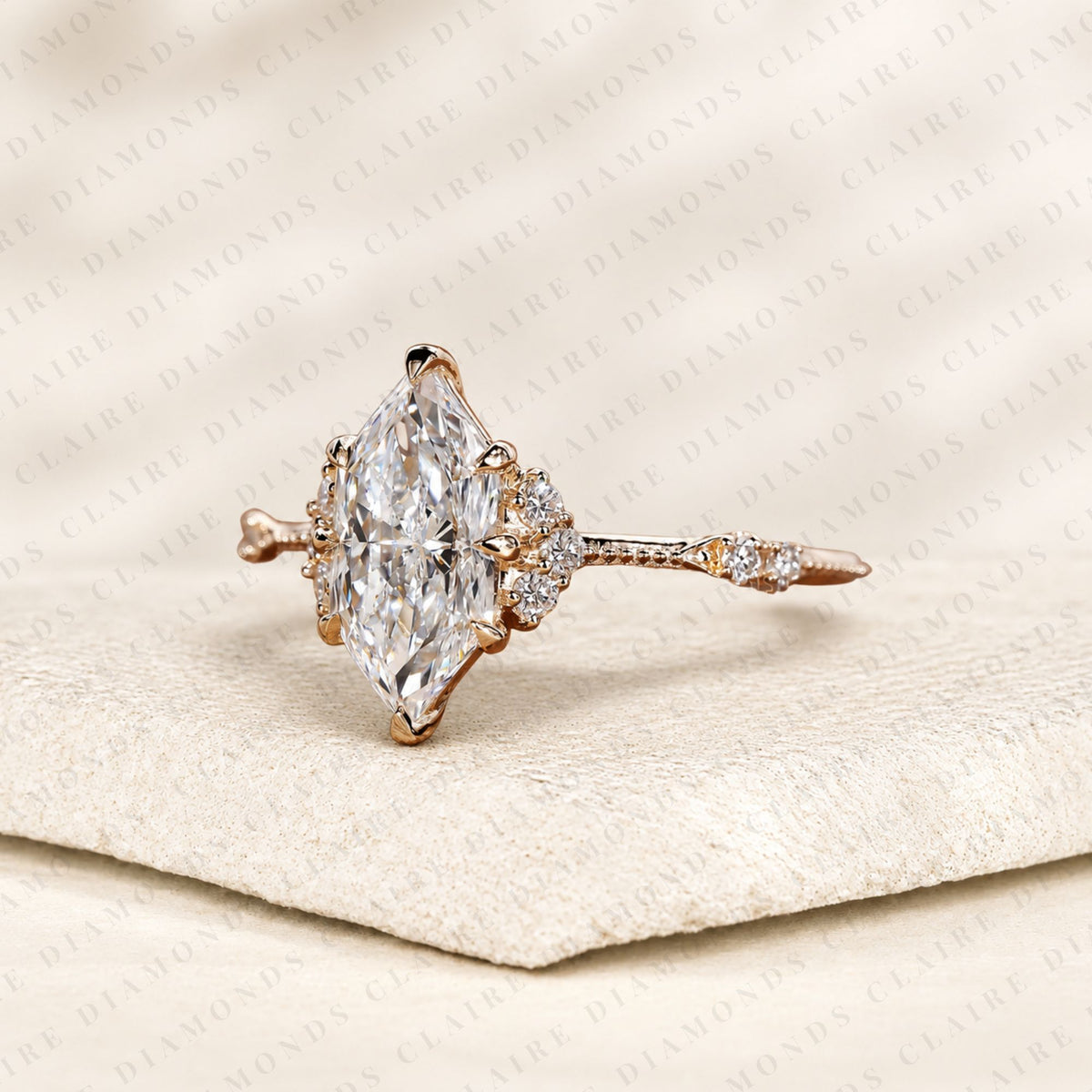 Dutch Marquise Cut Lab Grown Diamond Engagement Ring Rose Gold with Pavé Accents Vintage Inspired Luxury Wedding Ring for Women