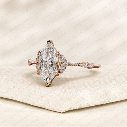 Dutch Marquise Cut Lab Grown Diamond Engagement Ring Rose Gold with Pavé Accents Vintage Inspired Luxury Wedding Ring for Women