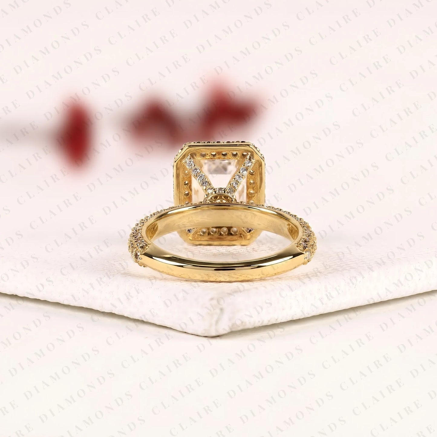 emerald cut moissanite diamond halo engagement ring, double pavé halo yellow gold bridal ring, luxury statement ring