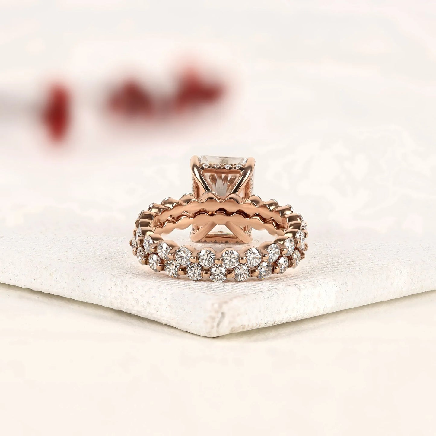 radiant cut lab grown diamond engagement ring set with pave wedding band in rose gold | elegant bridal ring set for women