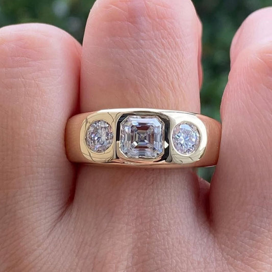 Luxury Three-Stone Asscher Cut Lab Grown Diamond Gold Band Ring Minimal Modern Statement Ring