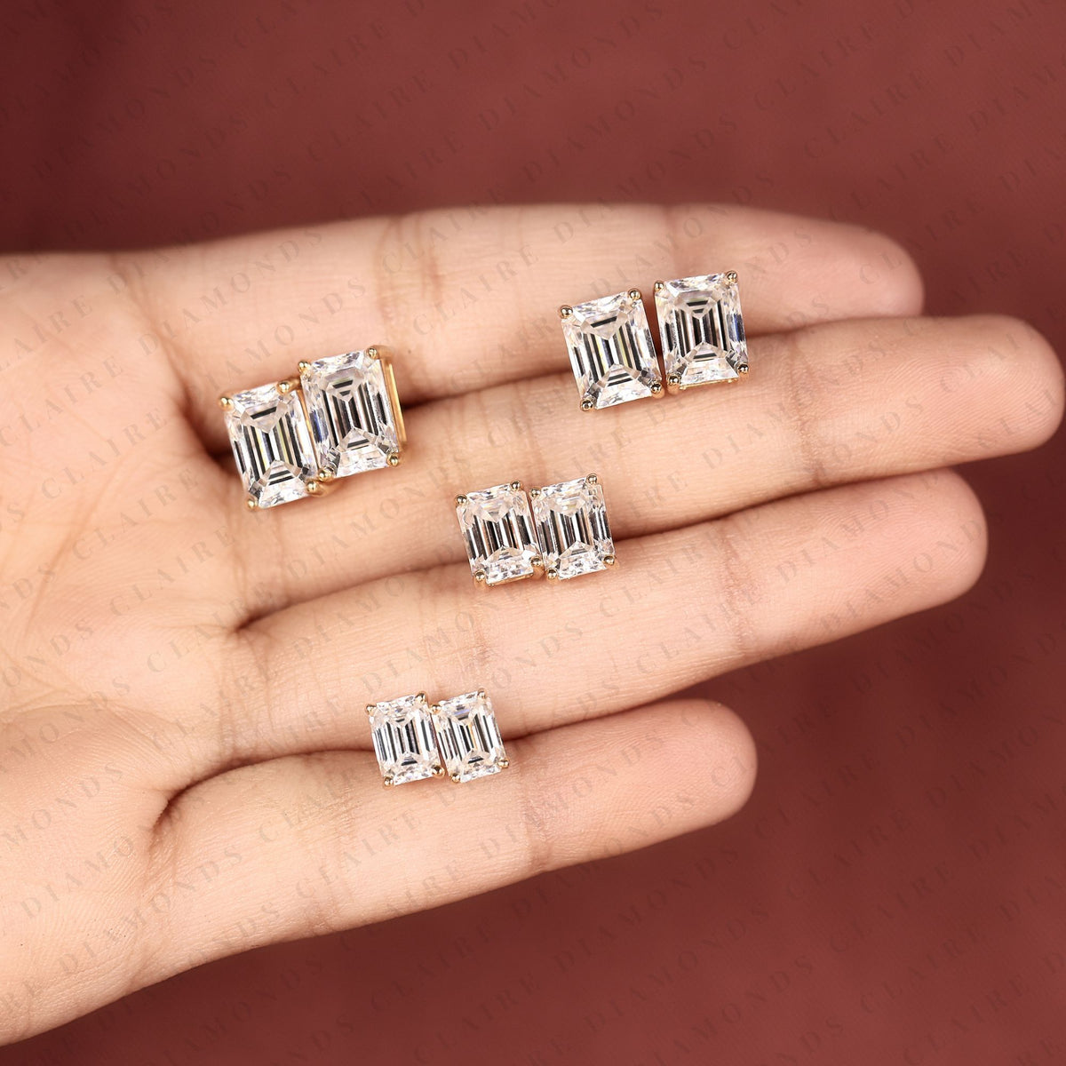 emerald cut moissanite diamond stud solitaire earrings, elegant diamond studs, modern minimalist diamond jewelry