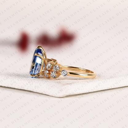 Pear Cut Blue Lab Grown Engagement Ring, Round Diamond Floral Side Stones, Yellow Gold Nature-Inspired Bridal Ring