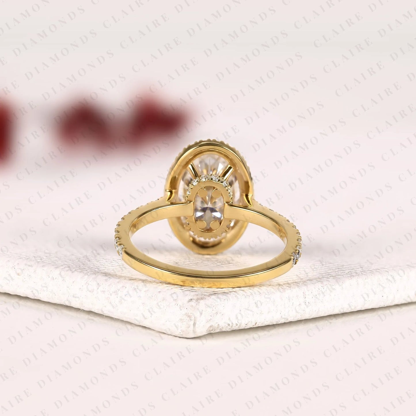 oval lab grown diamond hidden halo ring, pave engagement ring, yellow gold, pave band, oval wedding ring