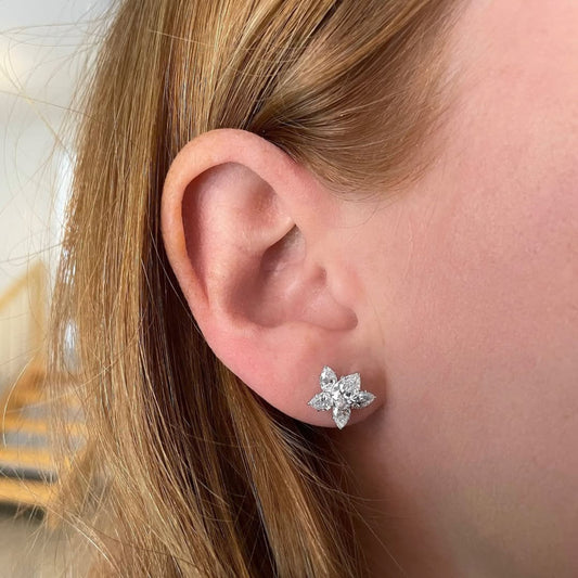 2.00 TCW Floral Marquise & Round Cut Moissanite Diamond Stud Earrings, Luxury Flower Cluster Diamond Earrings Wedding Gift Earrings
