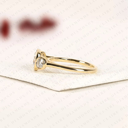 Elongated Cushion Cut Bezel Set Three Stone Lab Grown Diamond Engagement Ring Modern Gold Ring Minimalist Bridal Jewelry.