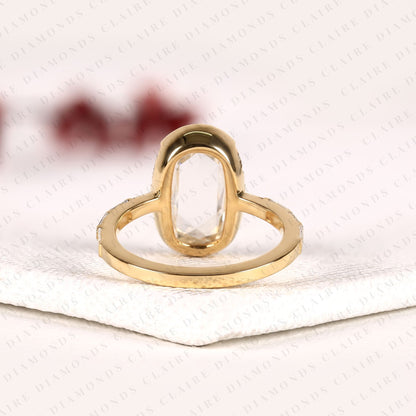Cushion Rose Cut Lab Grown Diamond Bezel Ring with Baguette Side Stones | Hidden Halo Engagement Ring