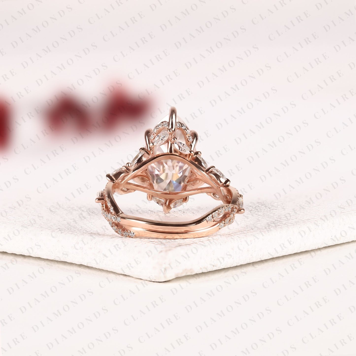 marquise cut moissanite diamond engagement ring with twisted vine pave band in rose gold, hidden halo ring, vintage style ring