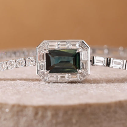 7.75 TWC Emerald Cut Green Stone Lab Grown Diamond Halo Bracelet in White Gold Baguette Diamond Tennis Bracelet