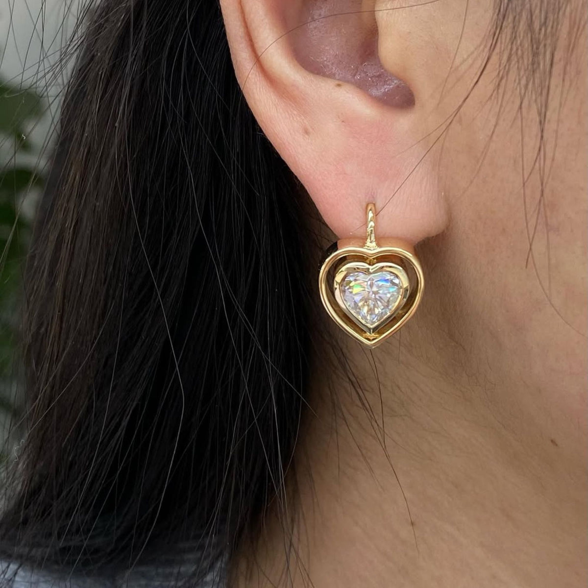 2.00 tcw heart shape moissanite diamond drop earrings in gold double heart halo dangle earrings for women minimalist romantic jewelry gift