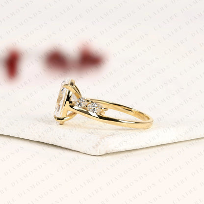 Nature Inspired Oval Cut Lab Grown Diamond Engagement Ring Side Stone Marquise Wedding Ring