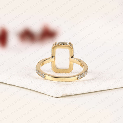 Portrait Cut Lab Grown Diamond Hidden Halo Engagement Ring | Yellow Gold Pave Band Four-Prong Basket Setting