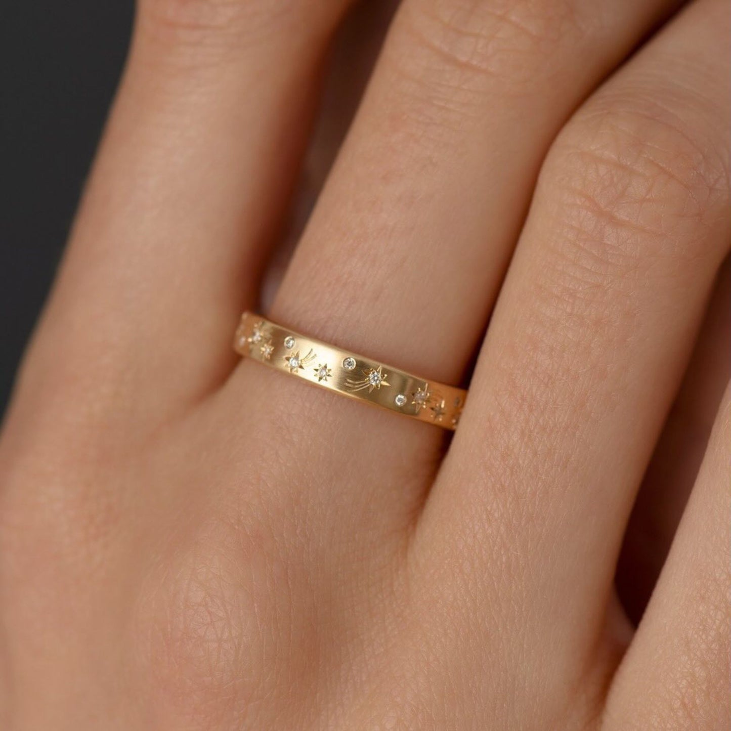 0.48 tcw minimalist celestial starburst moissanite diamond band in gold dainty cosmic inspired ring