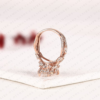 Marquise Cut Moissanite Diamond Engagement Ring with Twisted Vine Pave Band in Rose Gold, Hidden Halo Ring, Vintage Style Ring