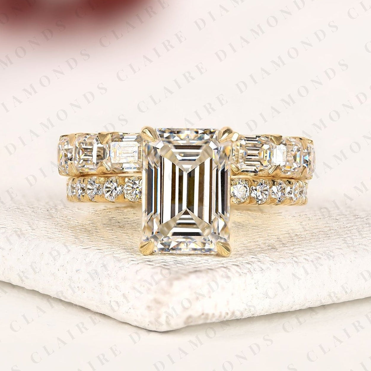 emerald cut moissanite diamond bridal ring set | engagement ring with pavé diamond wedding band
