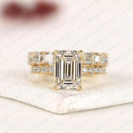 Art Deco Inspired Emerald Cut Moissanite Diamond Engagement Ring Set with Double Diamond Bands and Elegant Vintage Charm