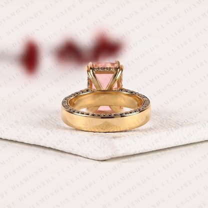 Radiant Cut Pink Moissanite Diamond Engagement Ring, Yellow Gold Pave Band, Unique Wedding Ring for Women