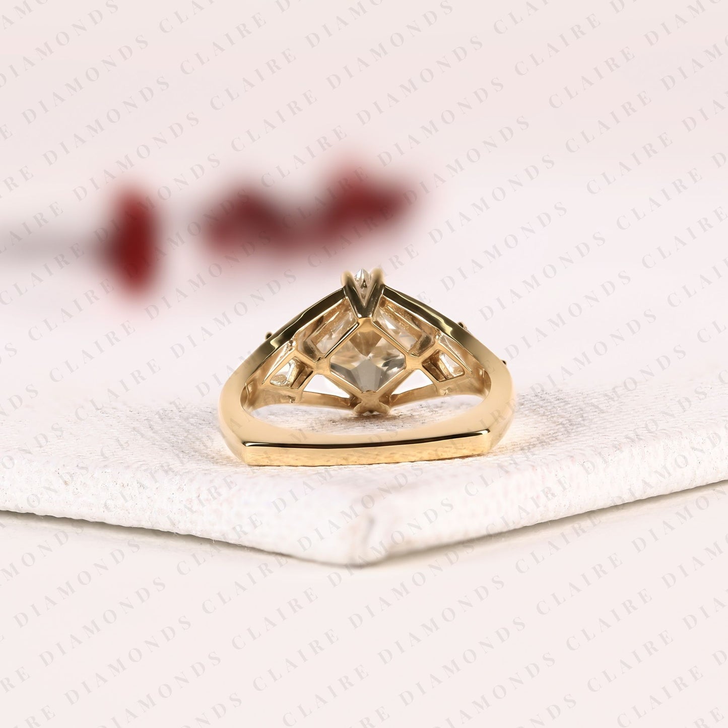princess cut moissanite diamond three stone engagement ring with kite side stones in gold