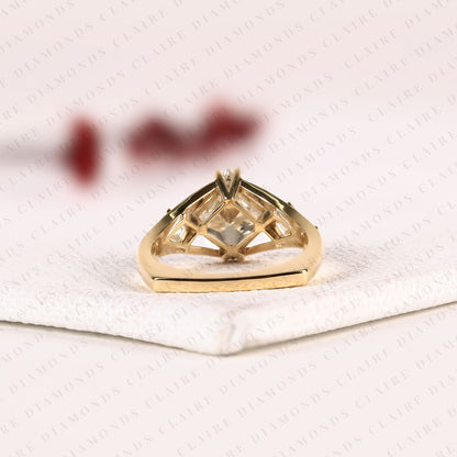 Princess Cut Moissanite Diamond Three Stone Engagement Ring with Kite Side Stones in Gold