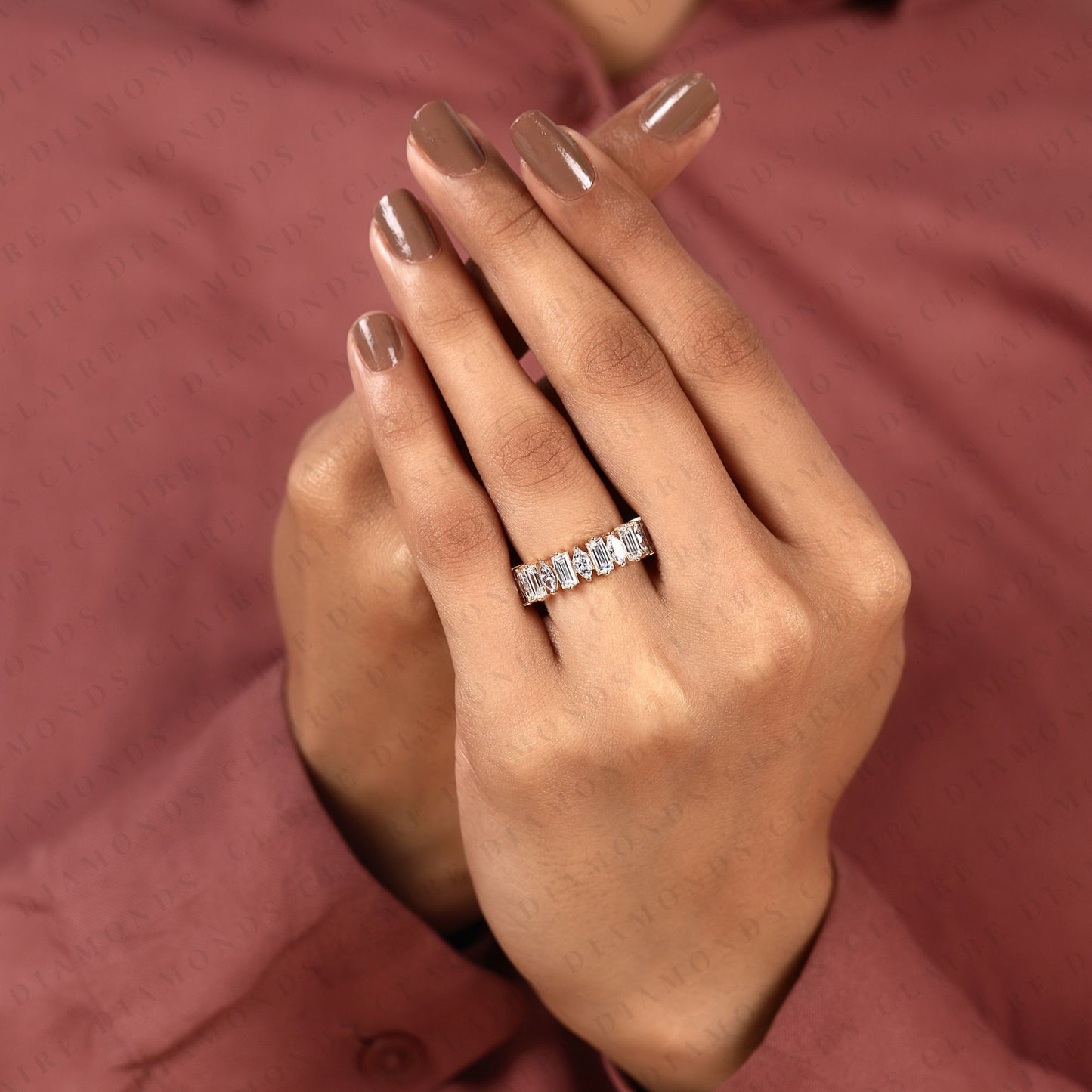 2.10 tcw baguette & marquise lab grown diamond half eternity band ring, alternating wedding anniversary band