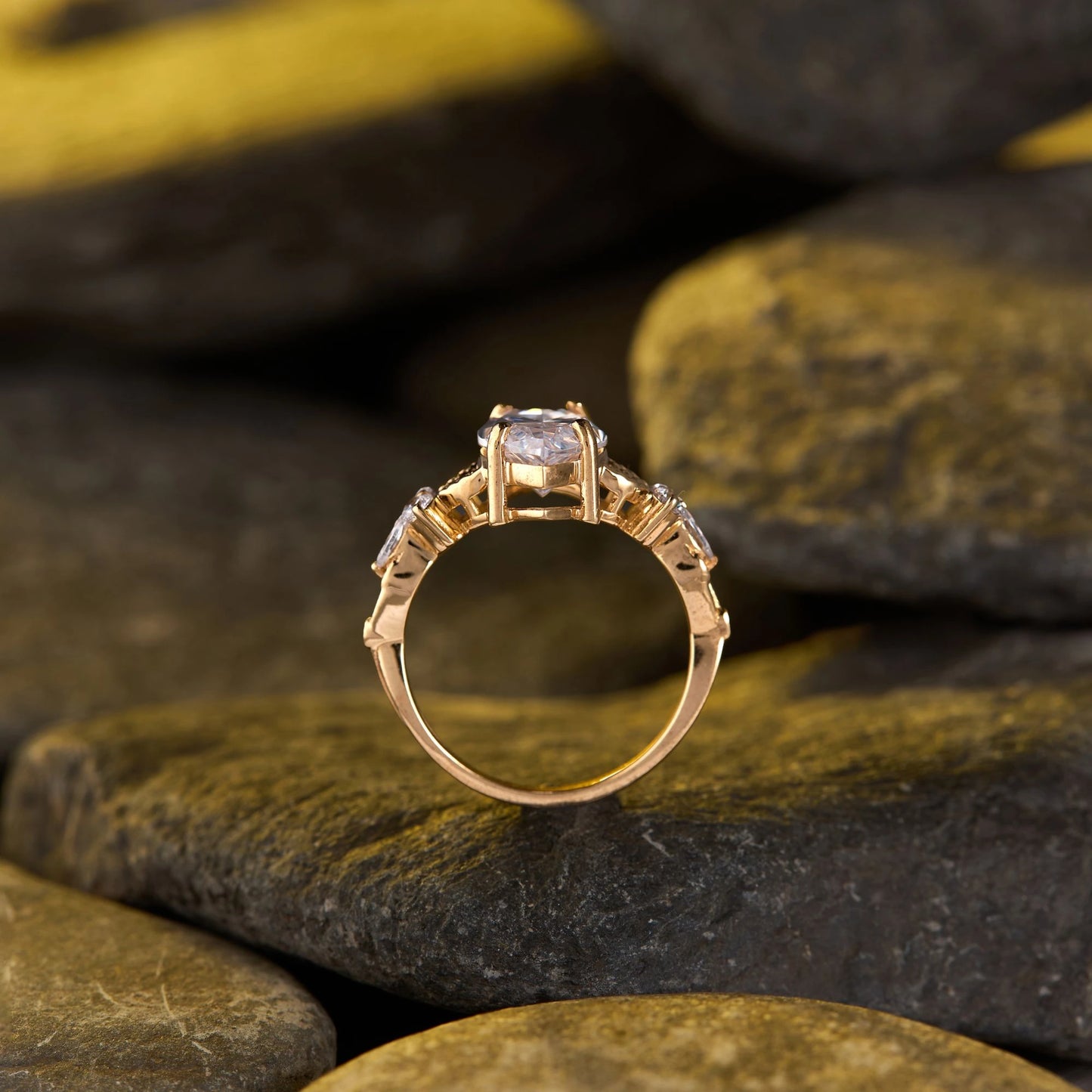 vintage lab grown marquise cut diamond ring with elegant floral inspired detailing and timeless sparkling statement design