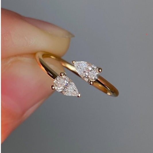 1.00 TCW Elegant Open Bypass Lab Grown Pear Cut Diamond Ring in Minimalist Double Stone Ring