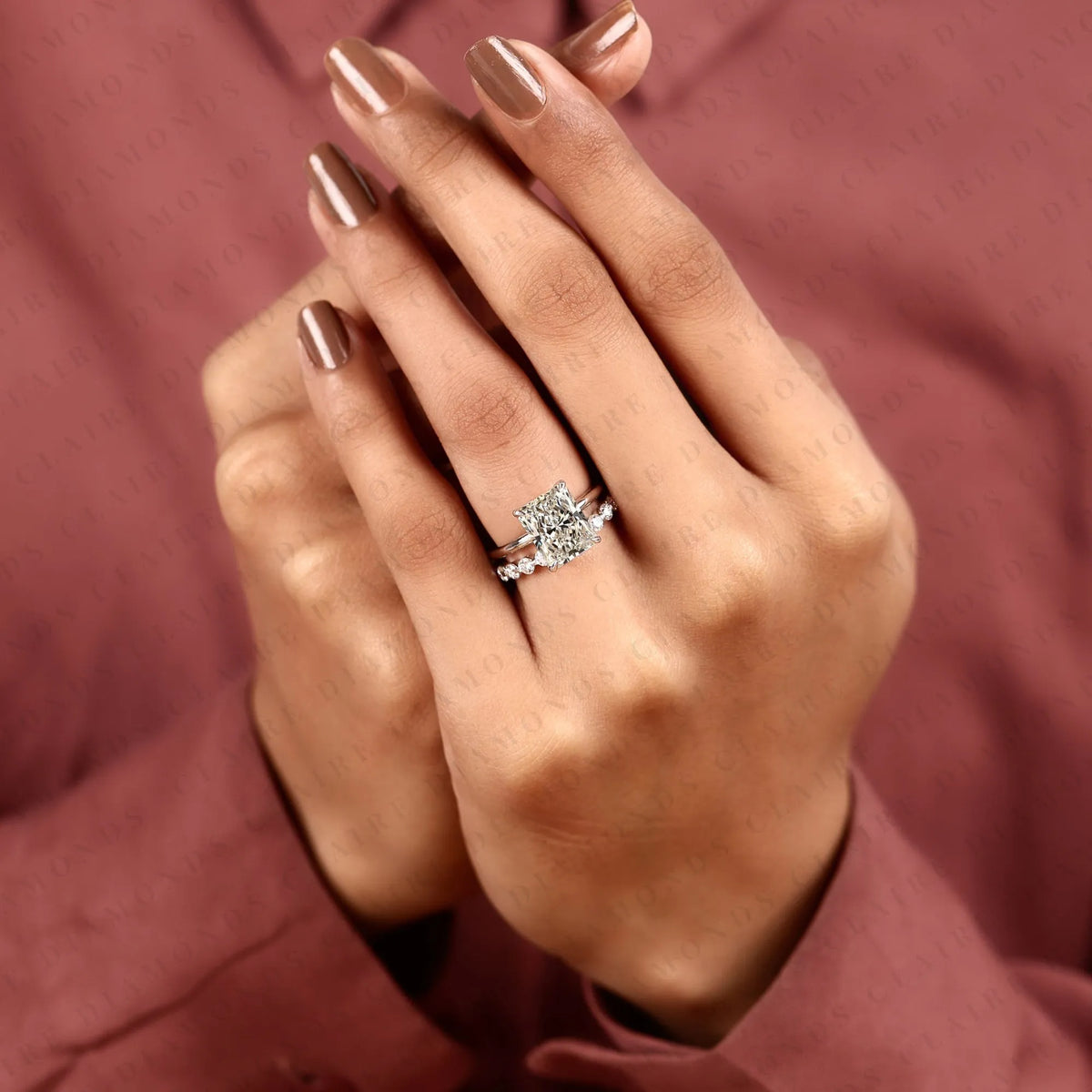 radiant cut lab grown diamond engagement ring with white gold pavé band | elongated radiant center stone modern classic bridal ring set