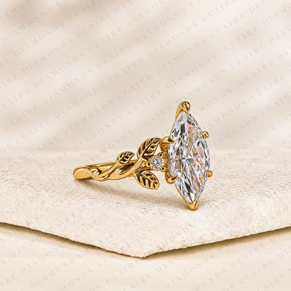 Marquise Cut Lab Grown Diamond Engagement Ring Nature Inspired Gold Vine Ring with Leaf Vintage Luxury Wedding Ring for Women