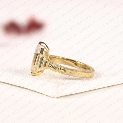 Hexagon Cut Moissanite Diamond Engagement Ring Art Deco Step Cut Ring Vintage Engraved Gold Ring Baguette Side Stone Bridal Ring.
